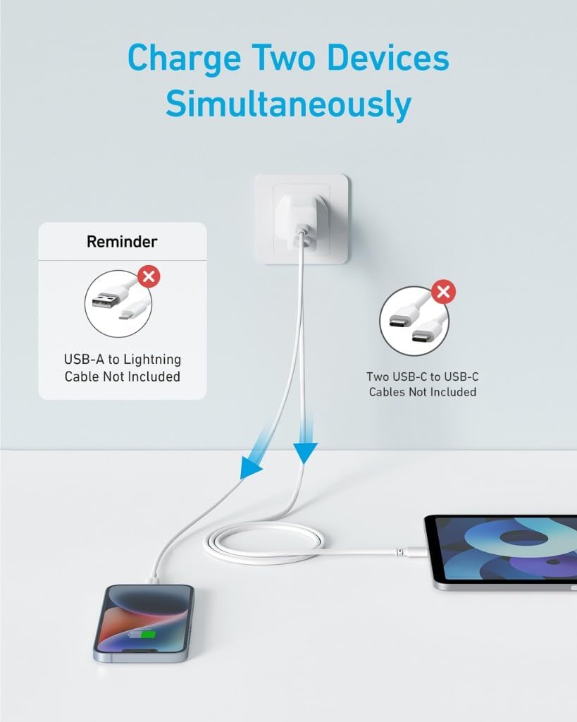 Anker Charger Powerport 20W USB C Gan Charger, 20W Maximum Output, USB-C and USB-A Port, 1.5 Meter USB-C to USB-C Cable