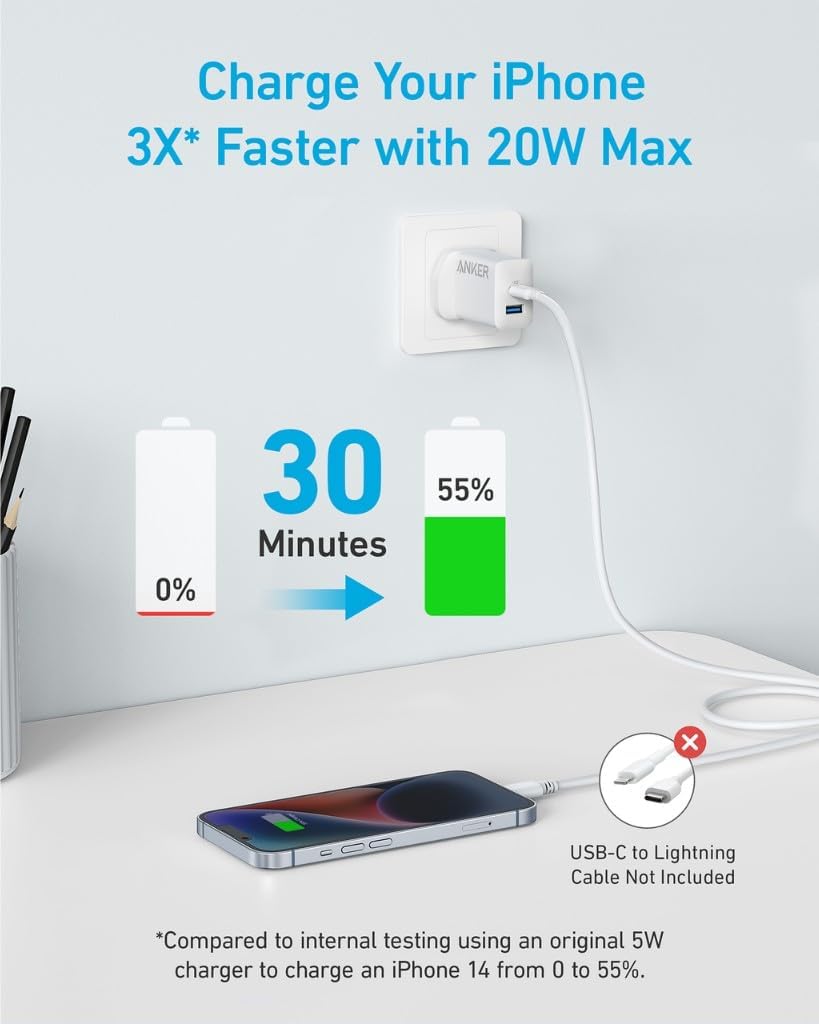 Anker Charger Powerport 20W USB C Gan Charger, 20W Maximum Output, USB-C and USB-A Port, 1.5 Meter USB-C to USB-C Cable