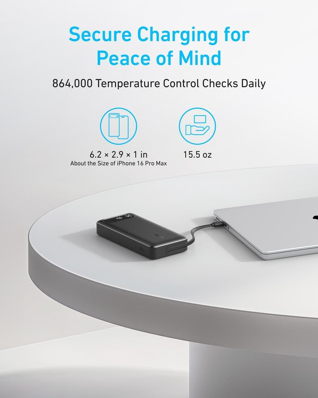 Anker Laptop Power Bank, 20,000mAh Portable Charger with Built-In USB-C Cable