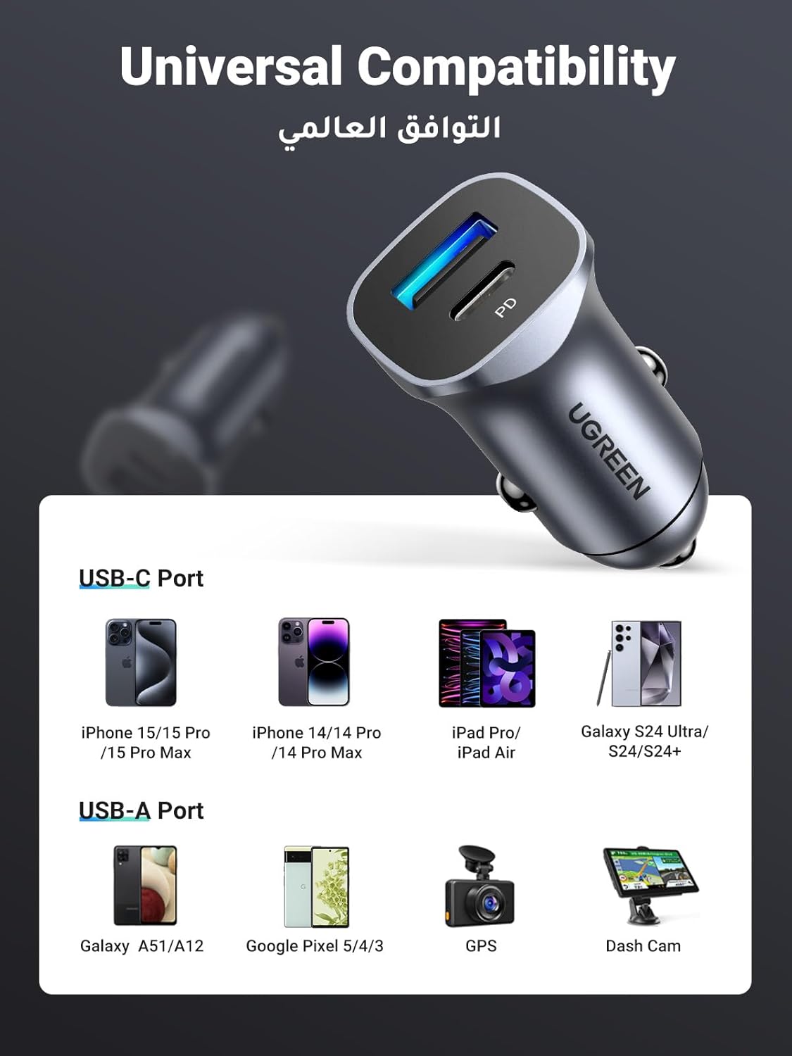 UGREEN PD 30W Car Charger Fast Charging Dual USB Phone Plug Adapter Car Charger Type C.