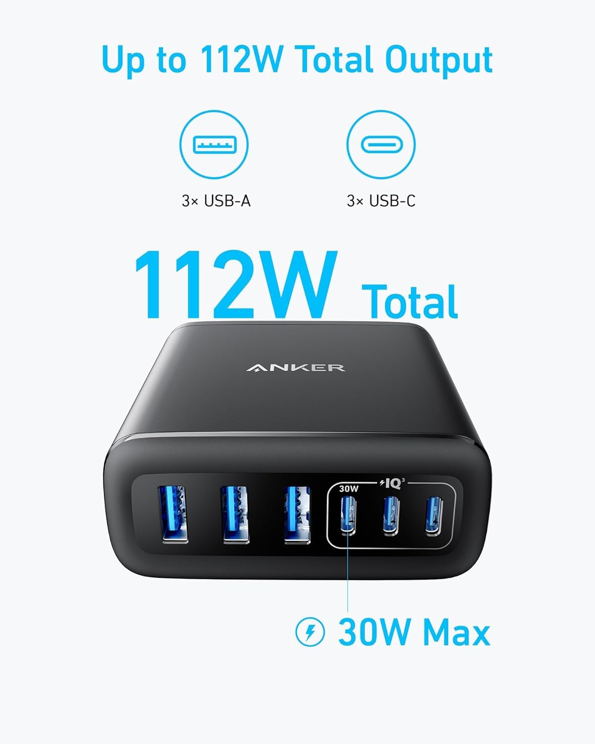 Anker USB C Charger, 6 Port Charging Station with 112W Power.