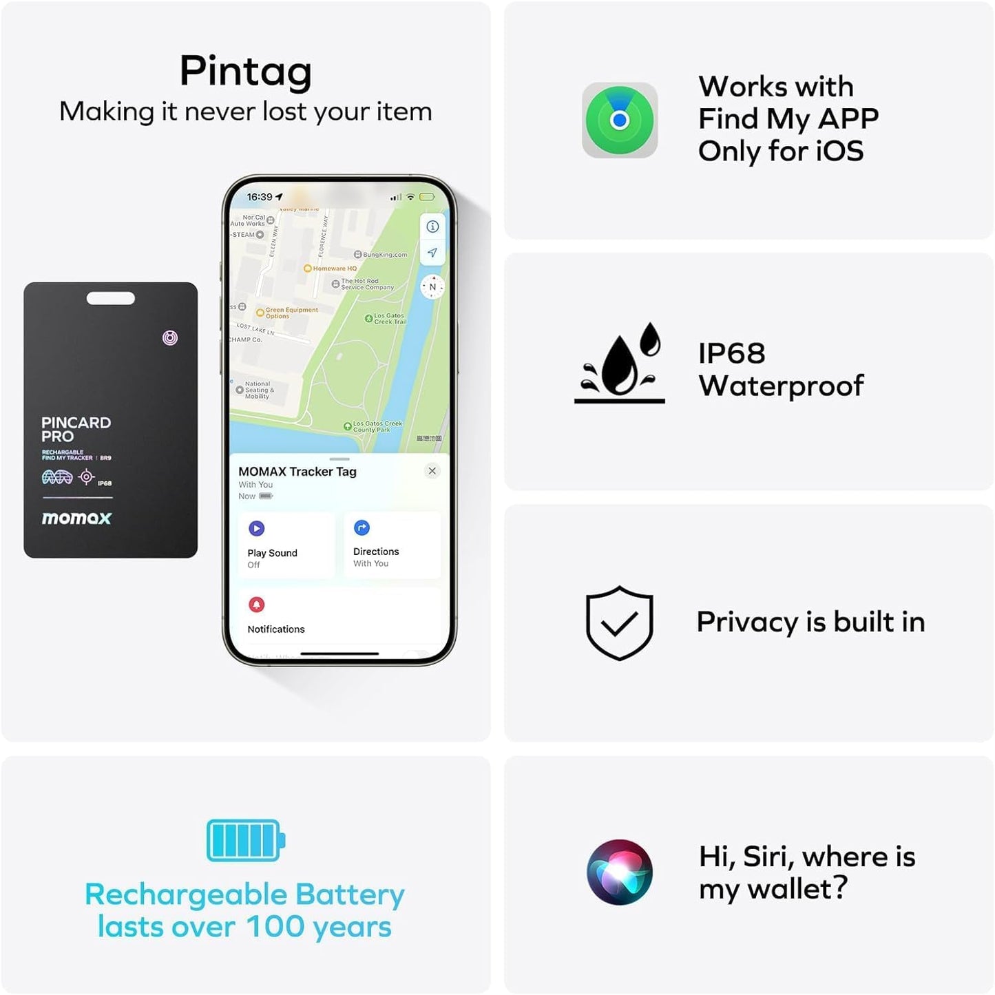Momax PinCard Pro Bluetooth Tracker - Key Finder Key Locator Tracker for Luggage, Suitcase, Wallet, Pet, Kids Works with Apple Find My Device.
