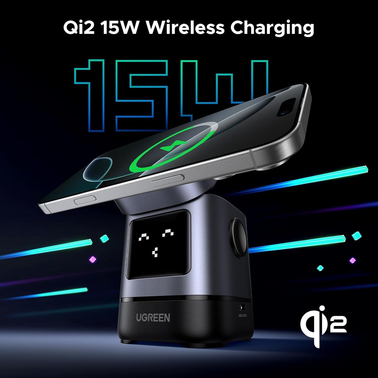 UGREEN 15W Uno Wireless Charger, Qi2 Certified MagSafe Charging, Fast Magnetic Phone Stand, 2-in-1 Foldable Wireless Charger Station.