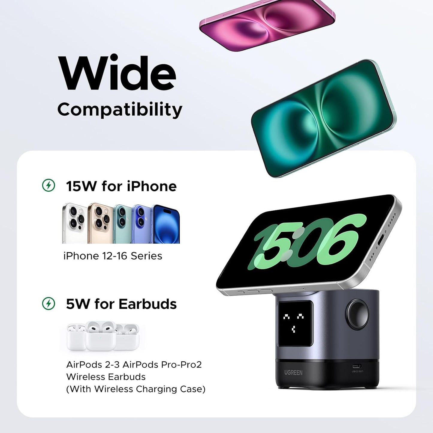 UGREEN 15W Uno Wireless Charger, Qi2 Certified MagSafe Charging, Fast Magnetic Phone Stand, 2-in-1 Foldable Wireless Charger Station.