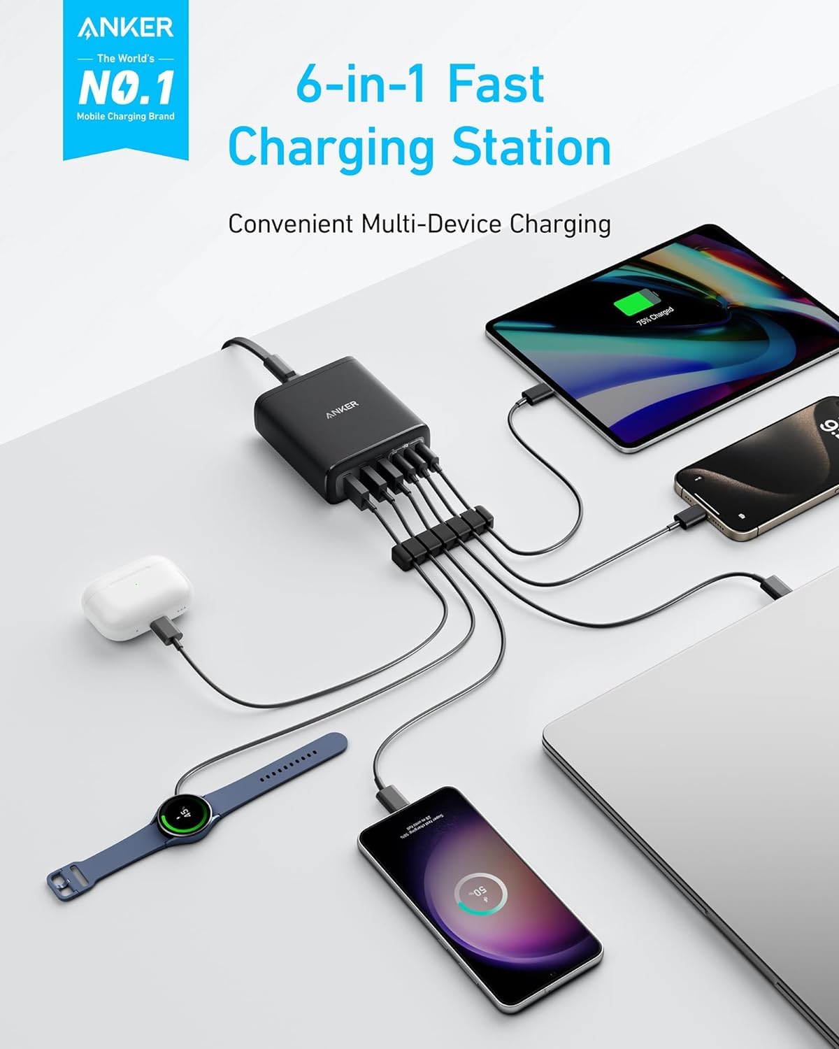 Anker USB C Charger, 6 Port Charging Station with 112W Power.