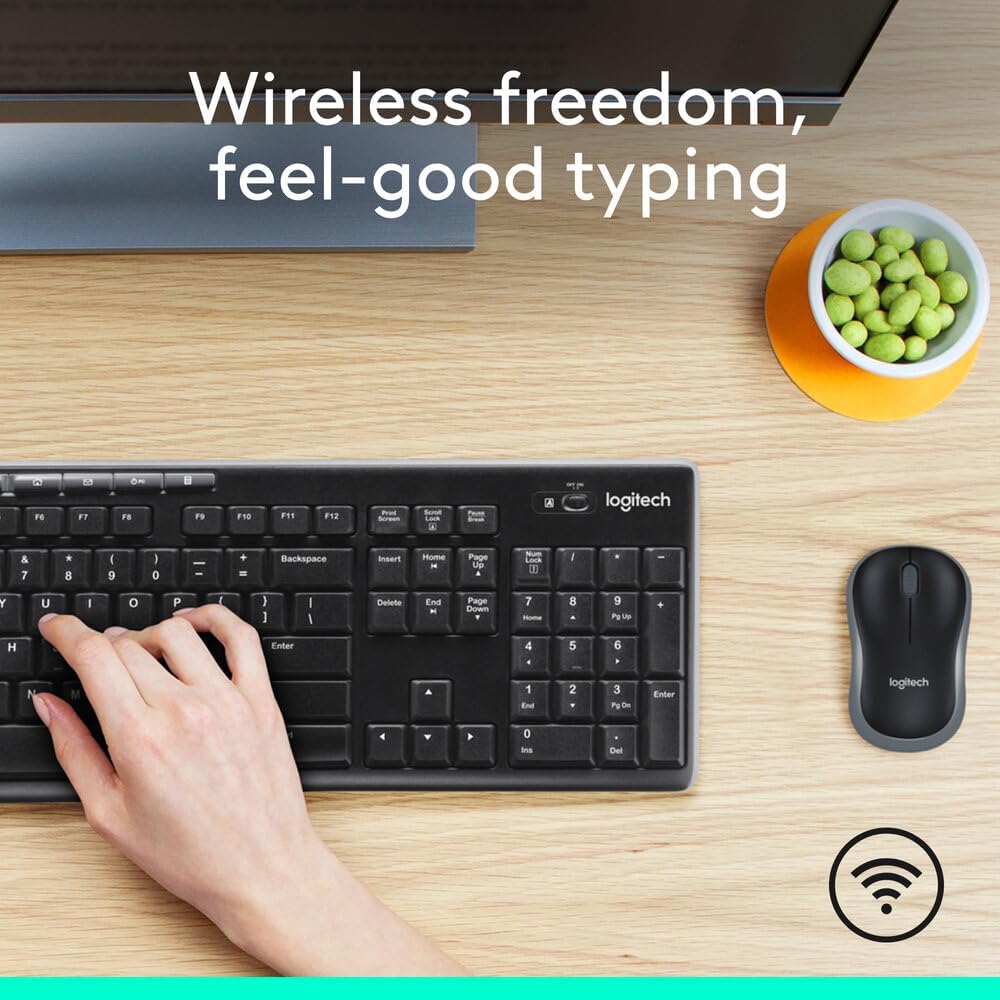 MK270 Wireless Combo Keyboard and Mouse, English Arabic Layout, Long Battery Life, 1000 DPI Resolution, Multimedia Keys, Compact Design.