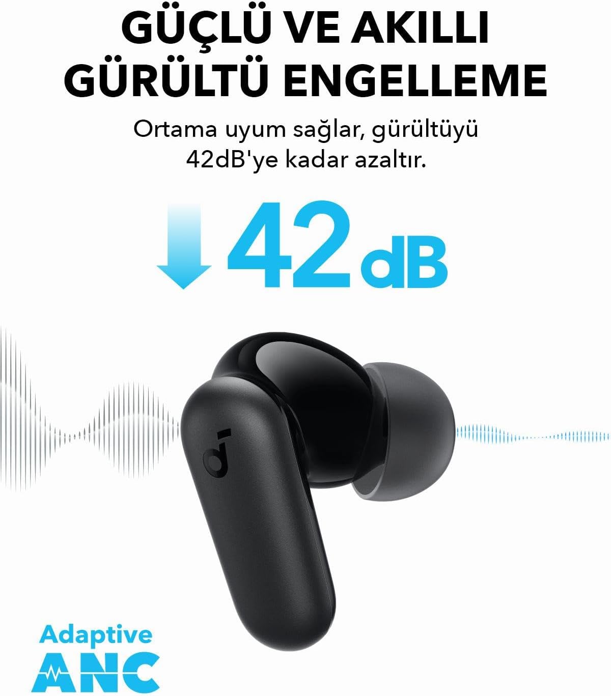 Soundcore by Anker R50i NC Wireless Earbuds – Smart Noise Cancelling, Deep Bass, 45H Playtime, 2-in-1 Charging Case & Phone Stand, IP54, Bluetooth 5.4 – Black