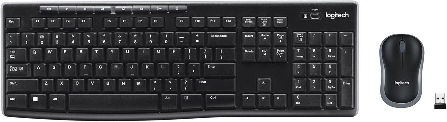 MK270 Wireless Combo Keyboard and Mouse, English Arabic Layout, Long Battery Life, 1000 DPI Resolution, Multimedia Keys, Compact Design.