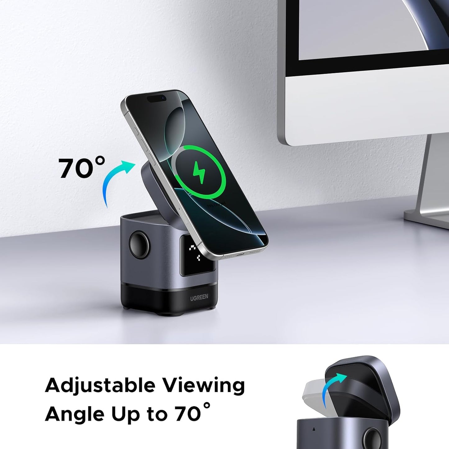 UGREEN 15W Uno Wireless Charger, Qi2 Certified MagSafe Charging, Fast Magnetic Phone Stand, 2-in-1 Foldable Wireless Charger Station.