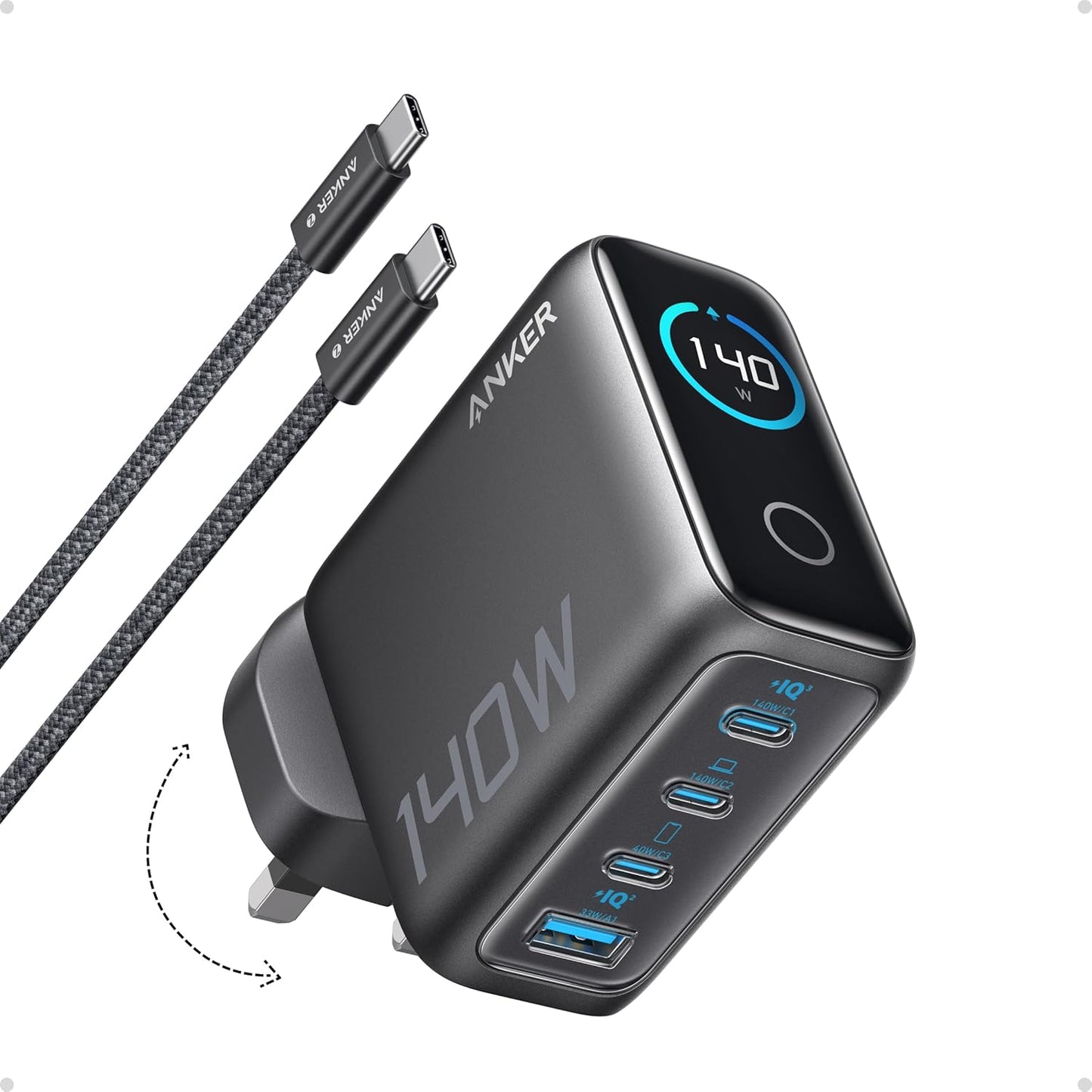 Anker Charger 140W USB C, Laptop Charger, 4-Port Multi-Device Fast Charging, Advanced GaN Power Adapter, Intuitive Touch Controls.