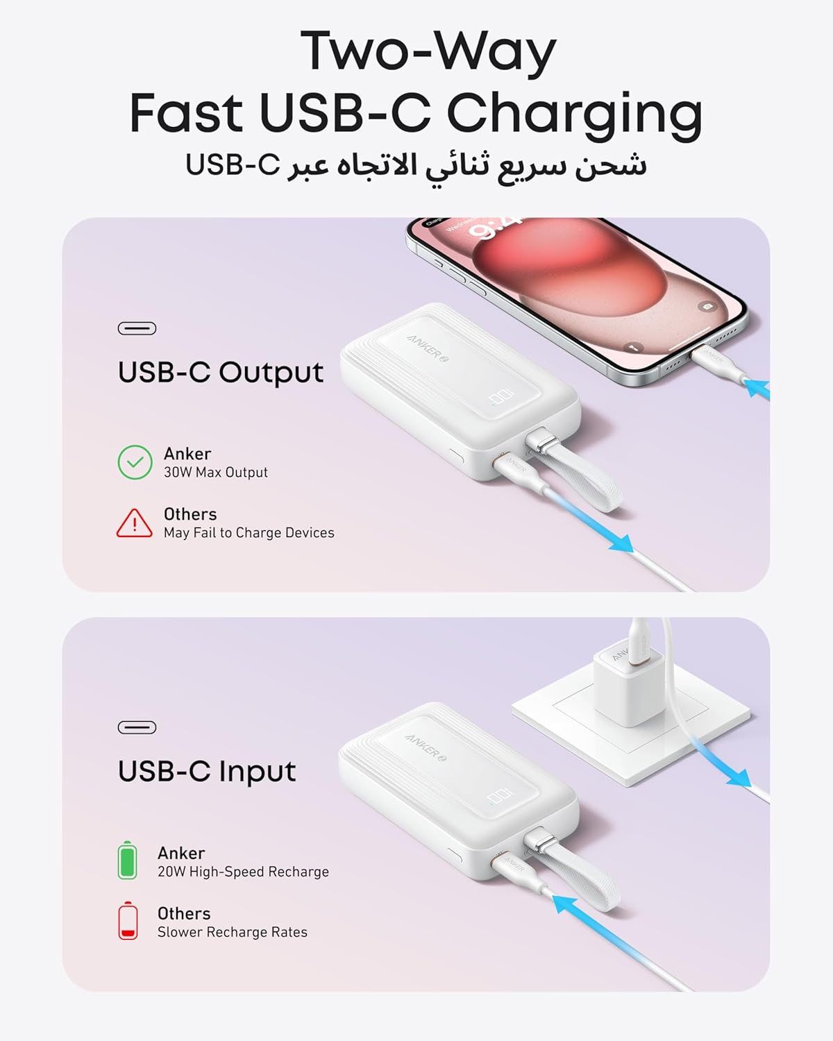 Anker Zolo Power Bank, 10,000mAh 30W High-Speed Portable Charger with Built-In USB-C Cable.