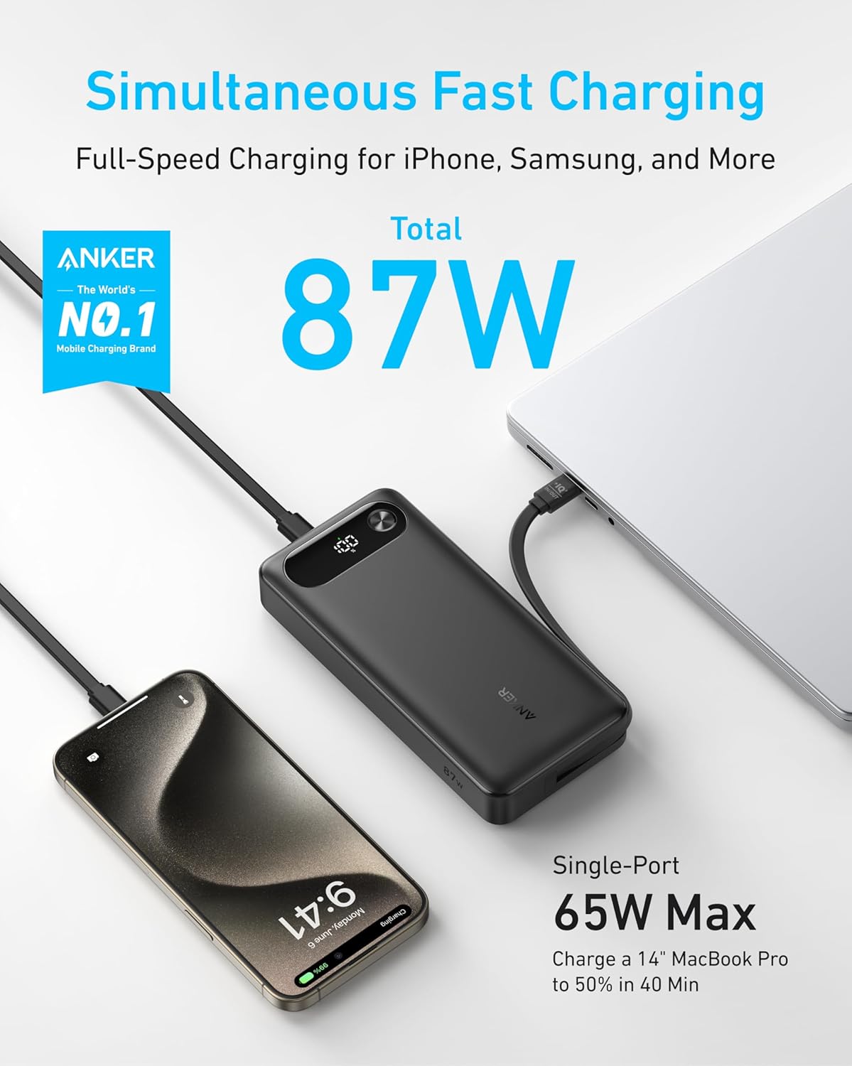 Anker Laptop Power Bank, 20,000mAh Portable Charger with Built-In USB-C Cable