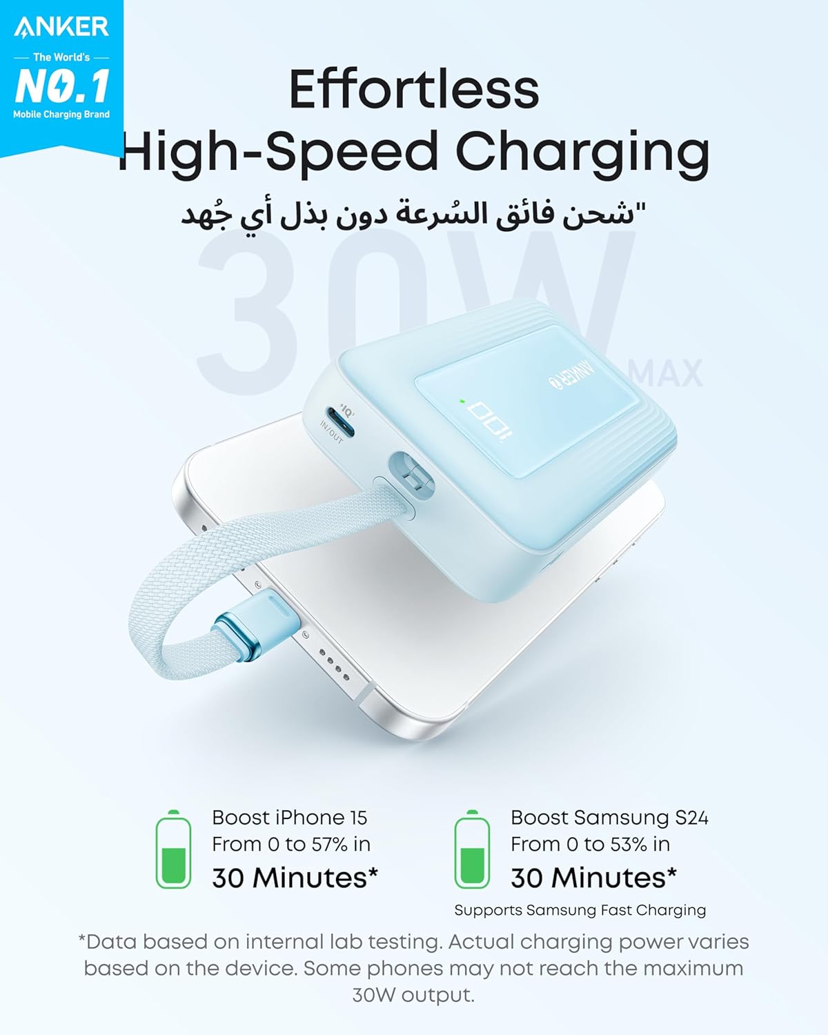 Anker Zolo Power Bank, 10,000mAh 30W High-Speed Portable Charger with Built-In USB-C Cable.