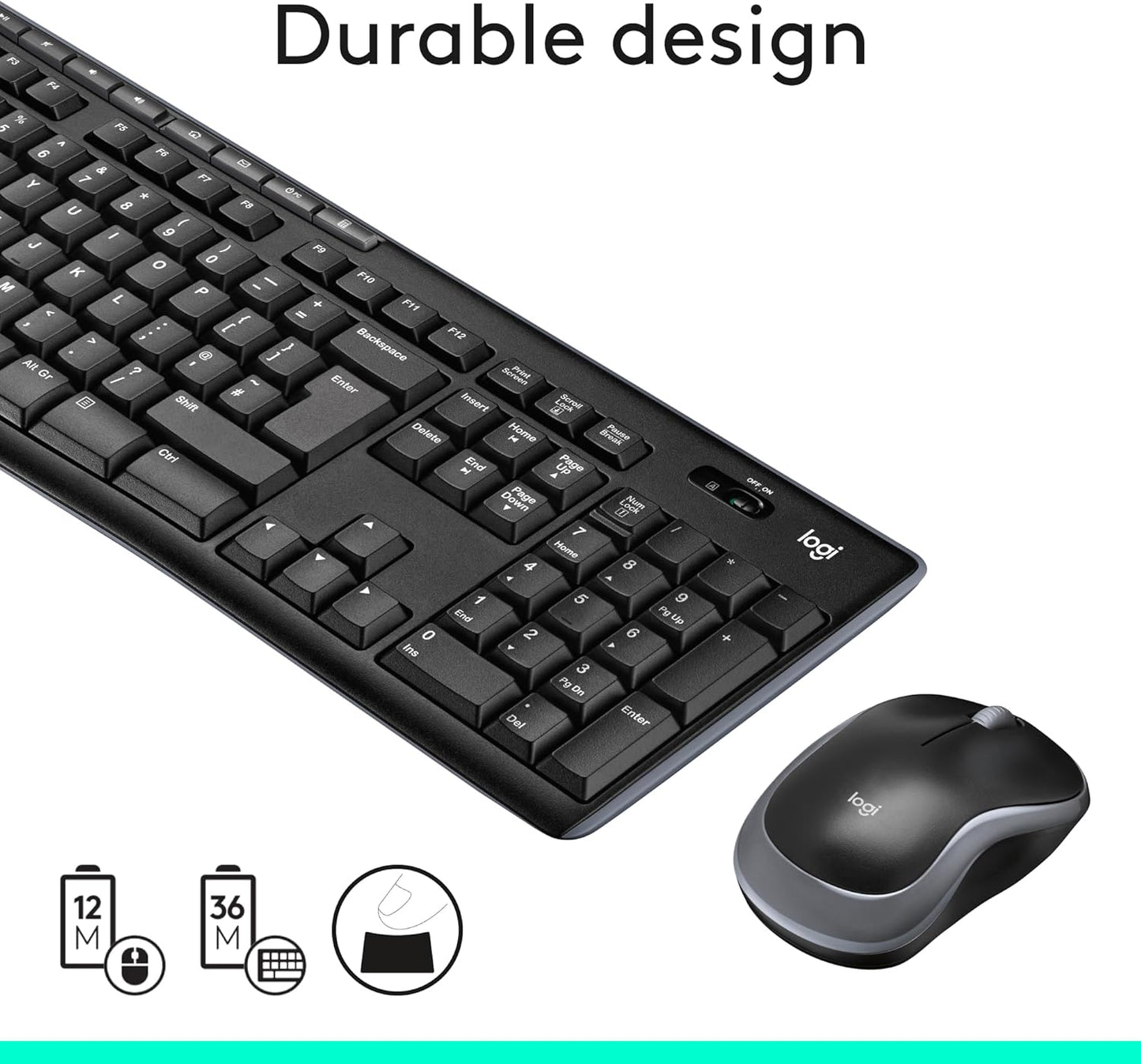 MK270 Wireless Combo Keyboard and Mouse, English Arabic Layout, Long Battery Life, 1000 DPI Resolution, Multimedia Keys, Compact Design.
