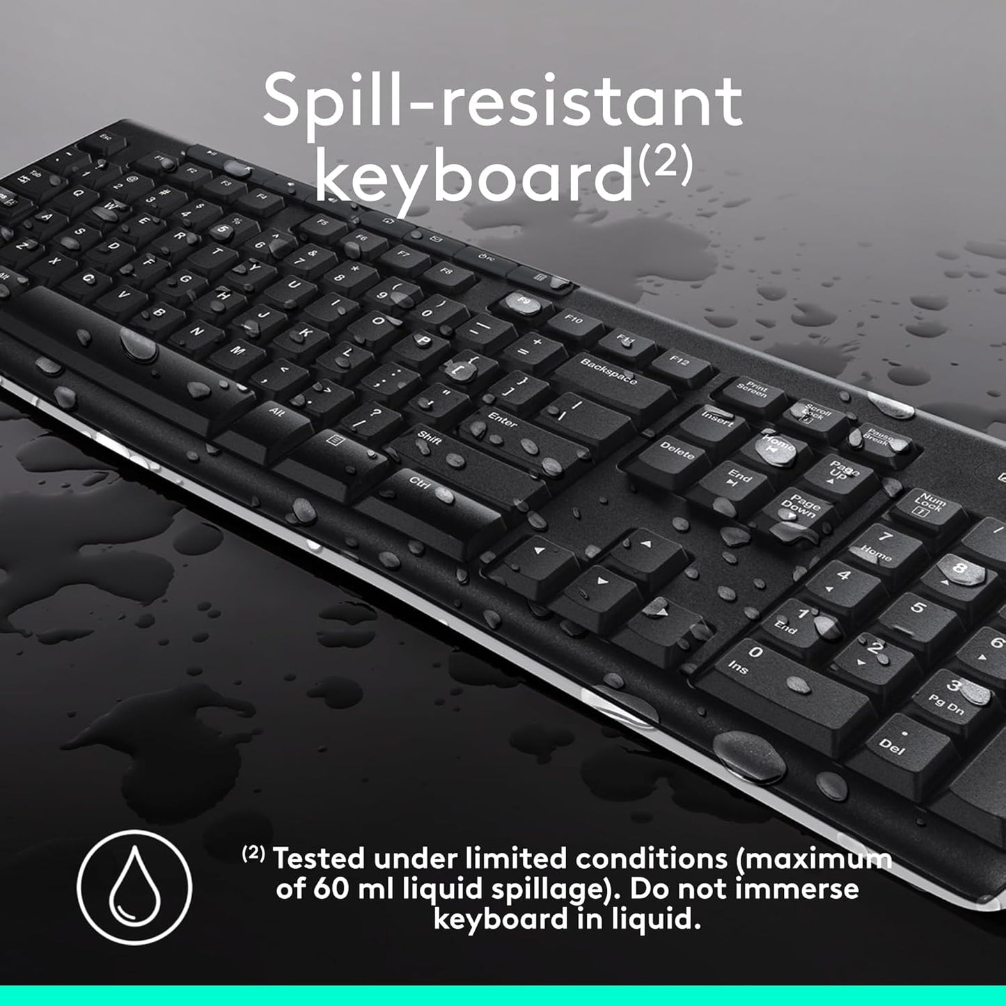 MK270 Wireless Combo Keyboard and Mouse, English Arabic Layout, Long Battery Life, 1000 DPI Resolution, Multimedia Keys, Compact Design.