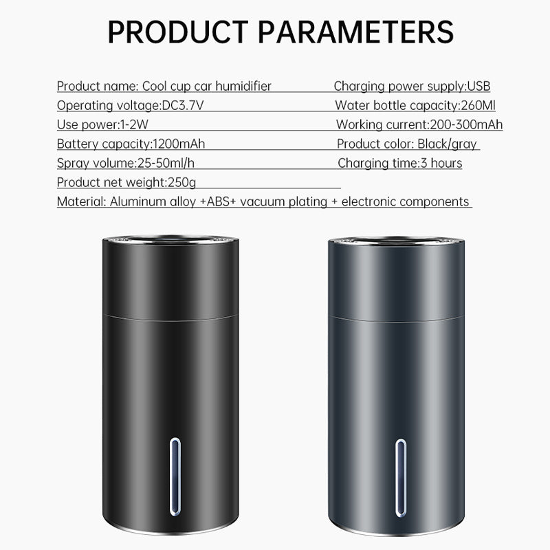 Portable Aluminum Alloy Air Humidifier Aroma Diffuser with Cool Cup Noise Light Electric Home & Car.
