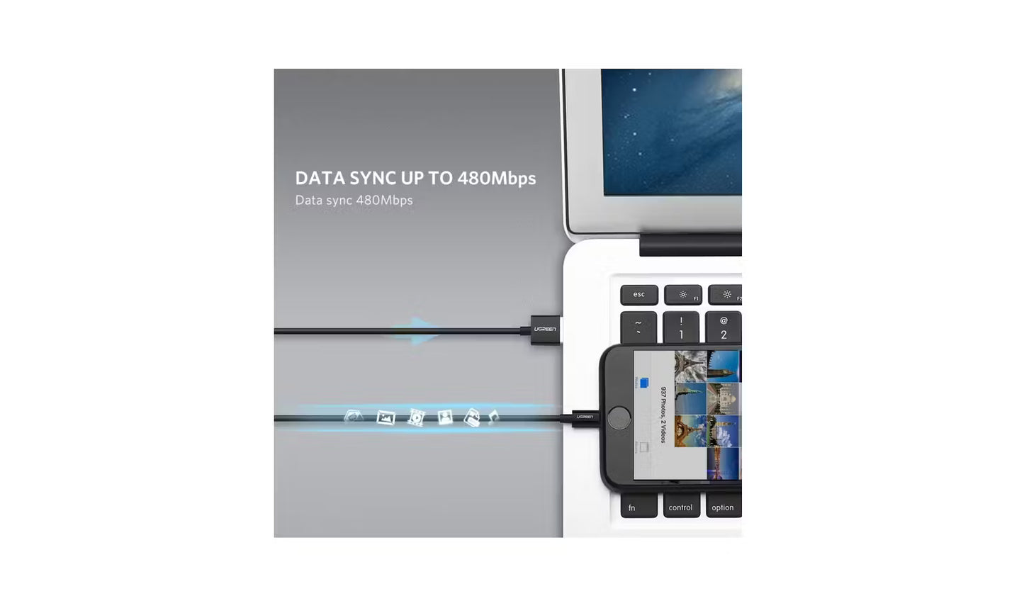 UGREEN USB A to Lighting Cable, MFi Certified, 480Mbps Data Transfer Rate, Max 5V 2.4A Fast Charging, Durable TPE Protection.