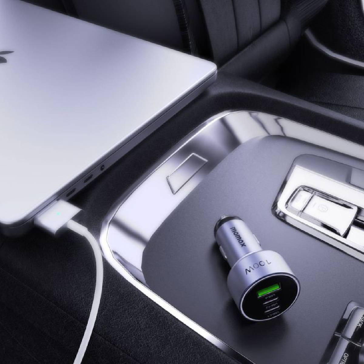 Momax 100W Car Charger – Type C Fast Charging with 3-Port Output.