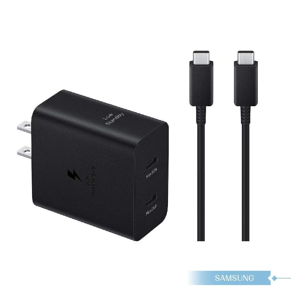 Samsung 50W Duo Power Adapter Wall Charger, 2 Ports, Cable Included, Super Fast Charging 2.0 Low Standby Power.
