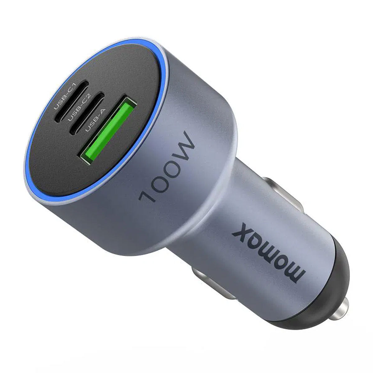 Momax 100W Car Charger – Type C Fast Charging with 3-Port Output.