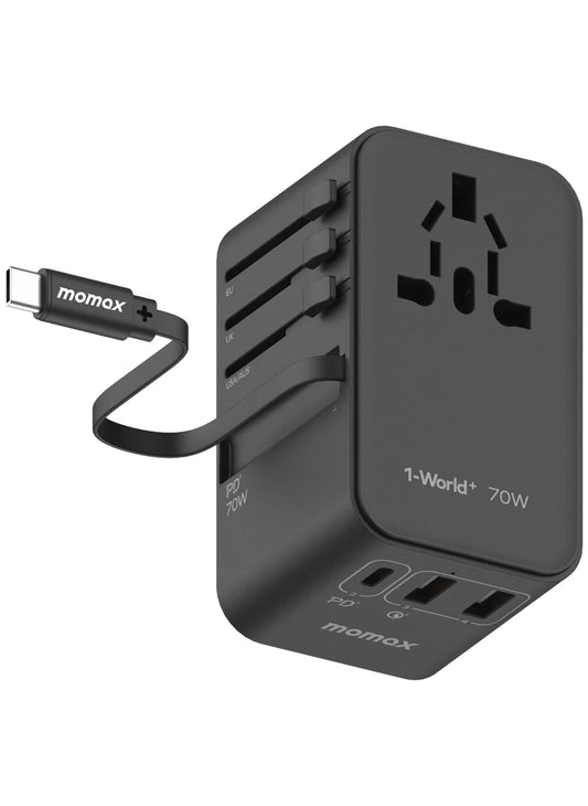 Momax 1-World+ [70W] GaN 3-Port AC Travel Charger Adapter with Retractable USB-C Cable.
