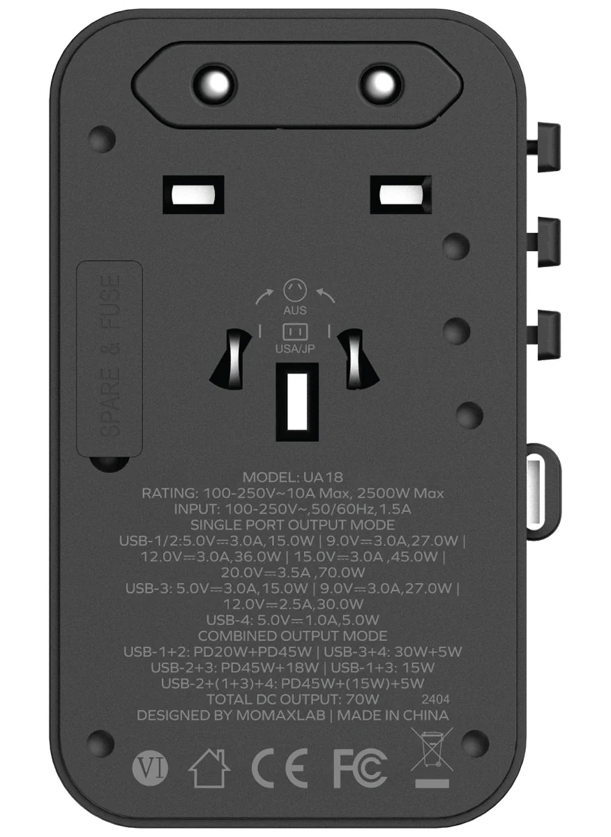 Momax 1-World+ [70W] GaN 3-Port AC Travel Charger Adapter with Retractable USB-C Cable.