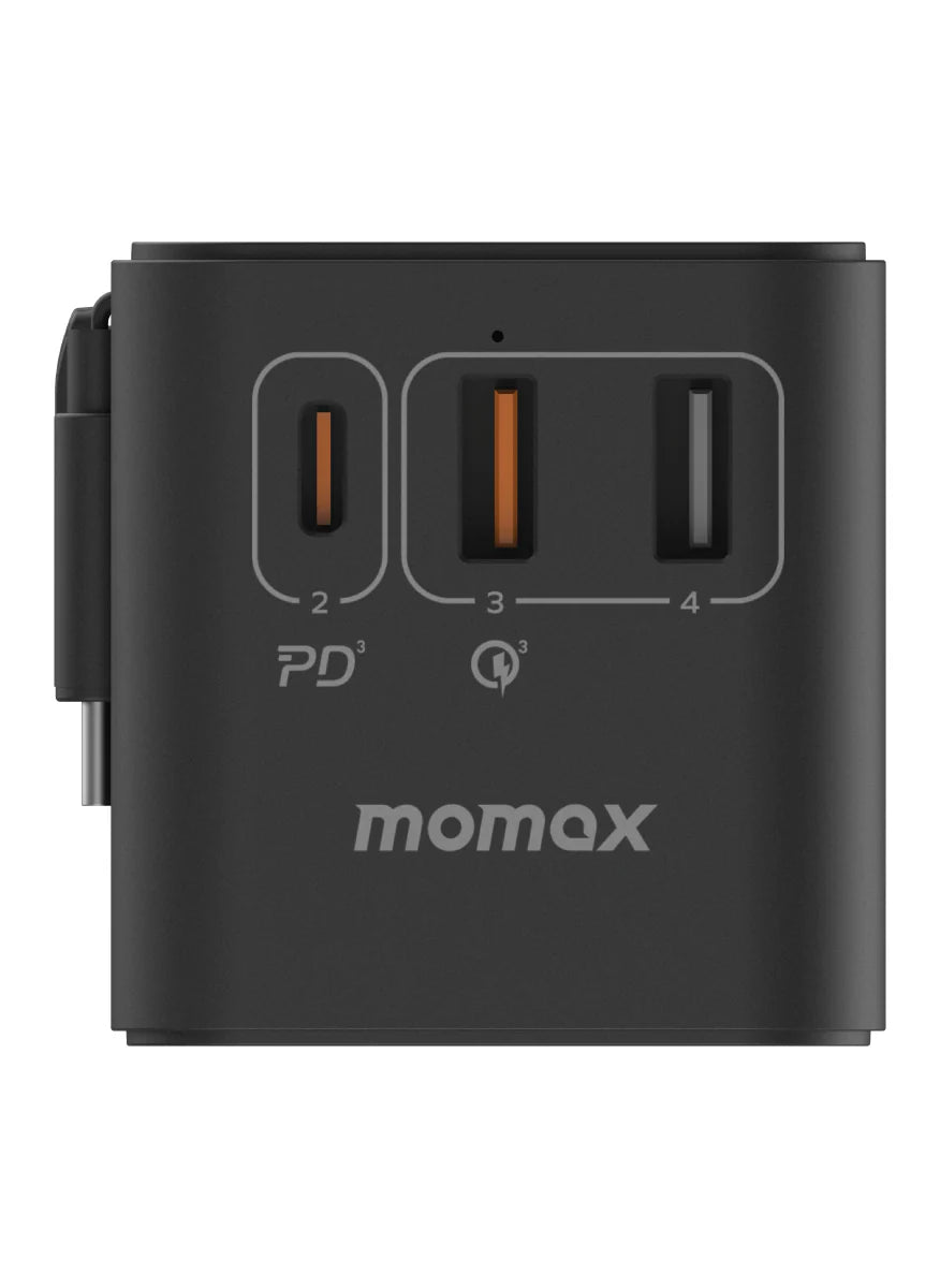 Momax 1-World+ [70W] GaN 3-Port AC Travel Charger Adapter with Retractable USB-C Cable.