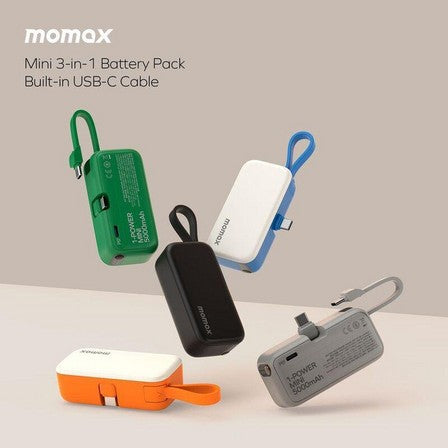 Momax 1-Power Mini Battery Pack 5000 mAh Power Bank [20W] with Built-in USB-C PD Cable.