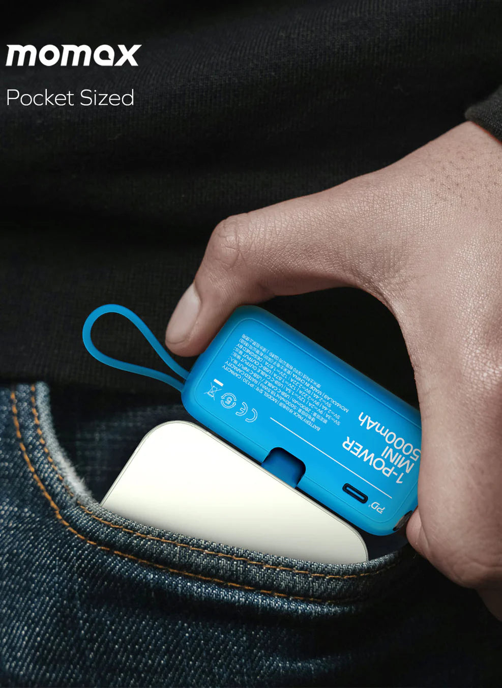 Momax 1-Power Mini Battery Pack 5000 mAh Power Bank [20W] with Built-in USB-C PD Cable.
