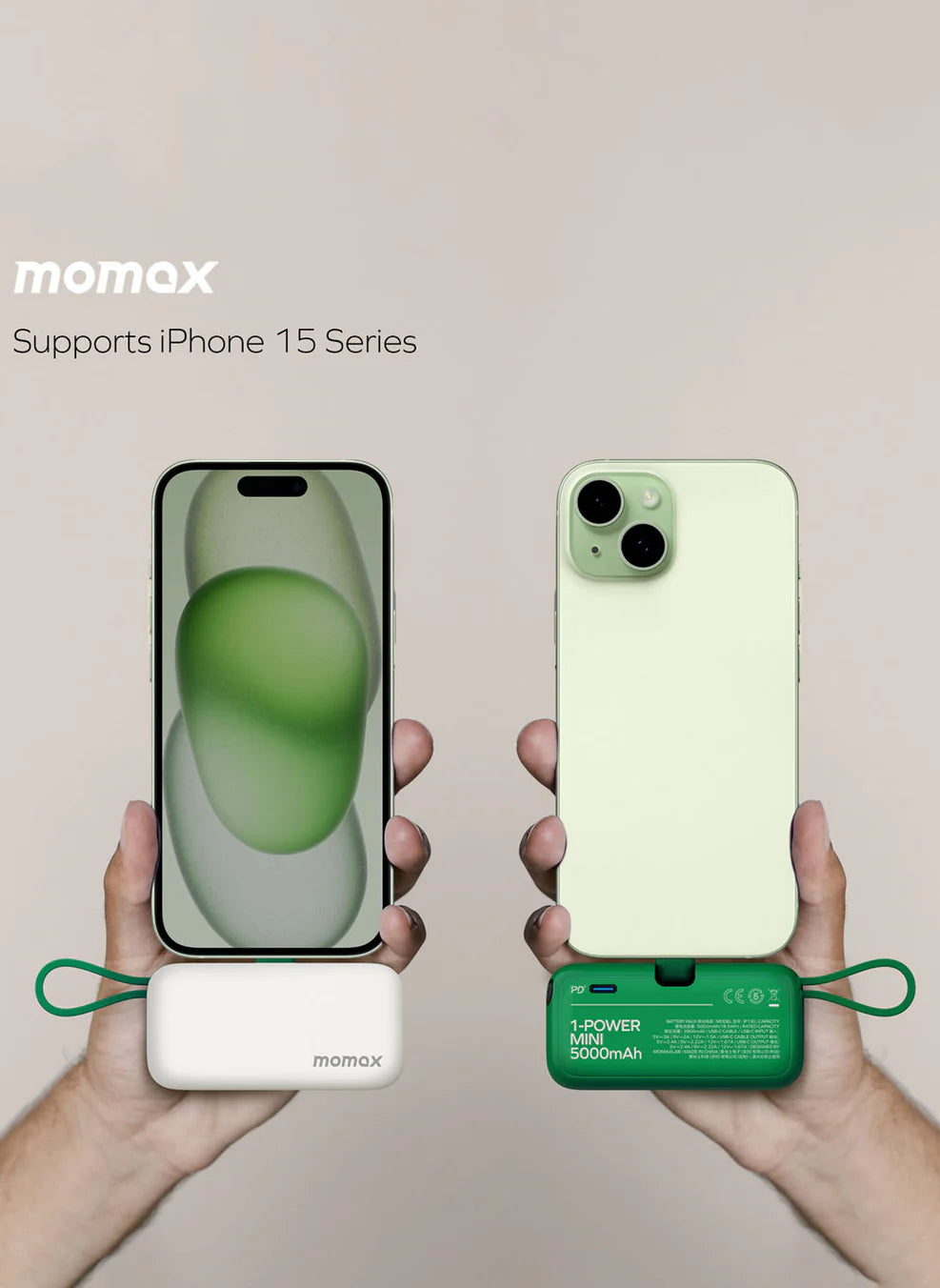 Momax 1-Power Mini Battery Pack 5000 mAh Power Bank [20W] with Built-in USB-C PD Cable.