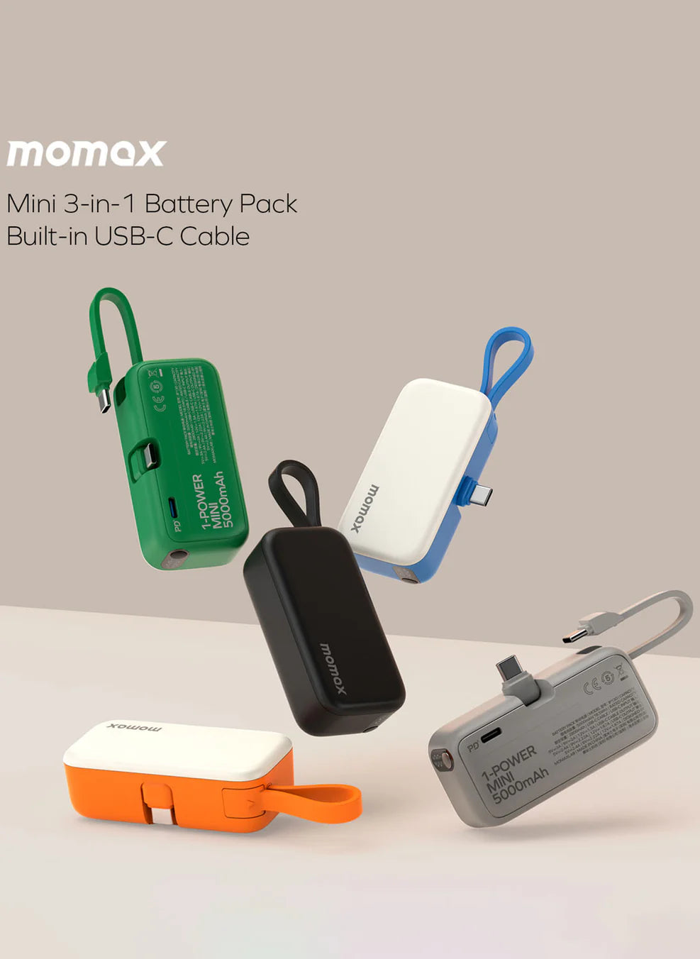 Momax 1-Power Mini Battery Pack 5000 mAh Power Bank [20W] with Built-in USB-C PD Cable.