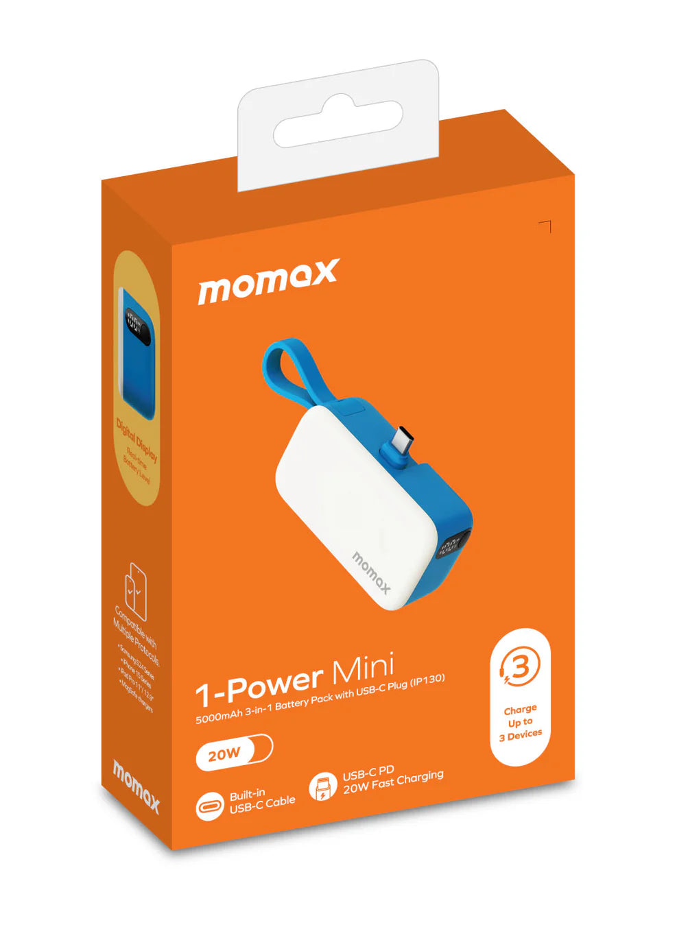 Momax 1-Power Mini Battery Pack 5000 mAh Power Bank [20W] with Built-in USB-C PD Cable.