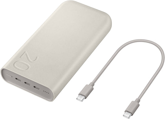 Samsung 20,000mAh Portable Battery Power Bank, High-Capacity Power Bank with Fast Charging, Compact 3-Port Design.